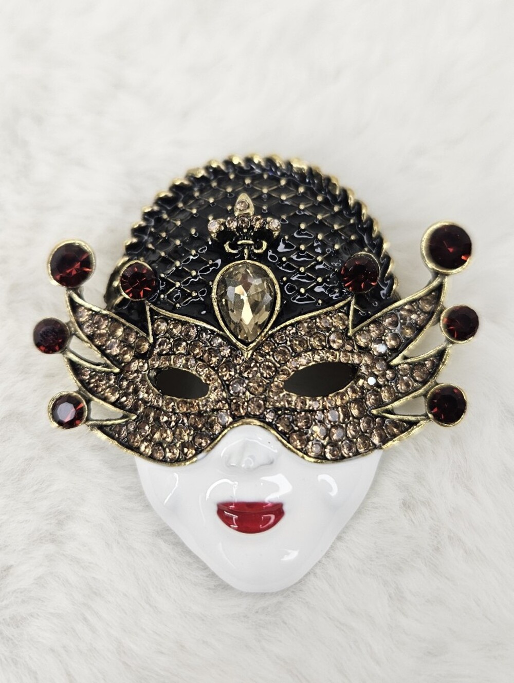 Embellished Masquerade Mask Brooch — Black, Gold & Burgundy